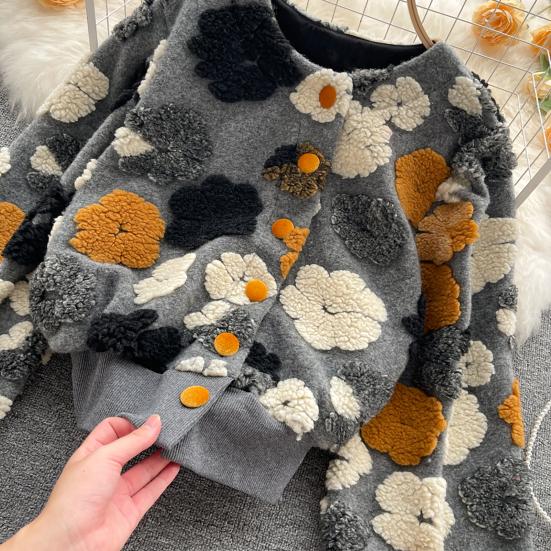 Women Coat Cardigan Single-breasted Long Sleeves Flower Elegant Keep Warm Elastic Cuff