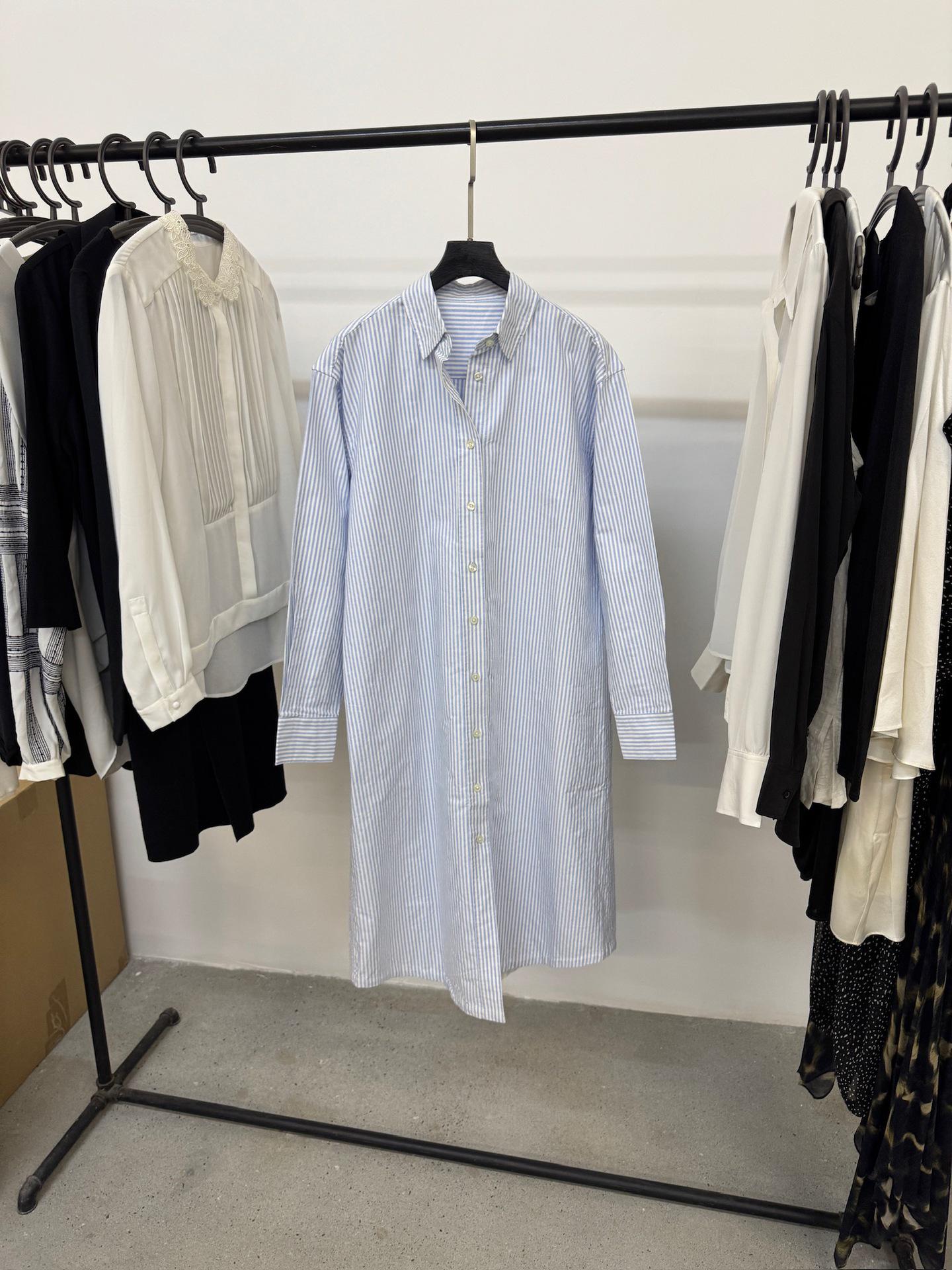 

Oxford Yarn-Dyed Striped Polo Collar Long Sleeve Shirt Dress One Size