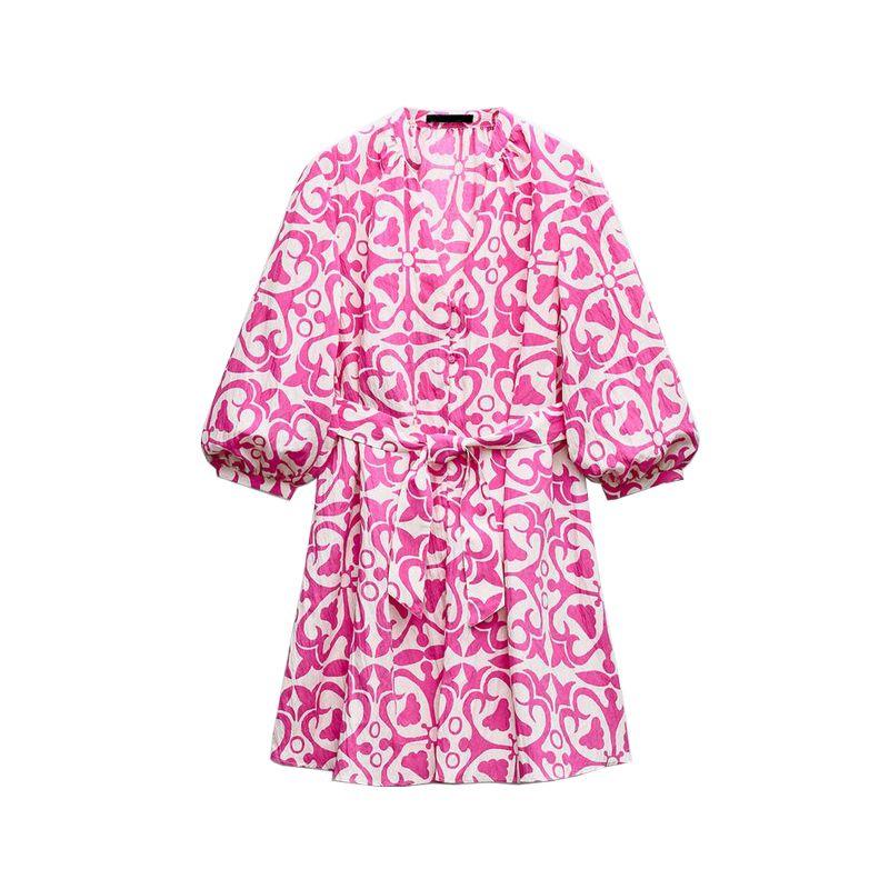 

Spring New French style Sweet Holiday Style V-neck Long sleeve With Belt Print Short Dress 3238767 Pink L