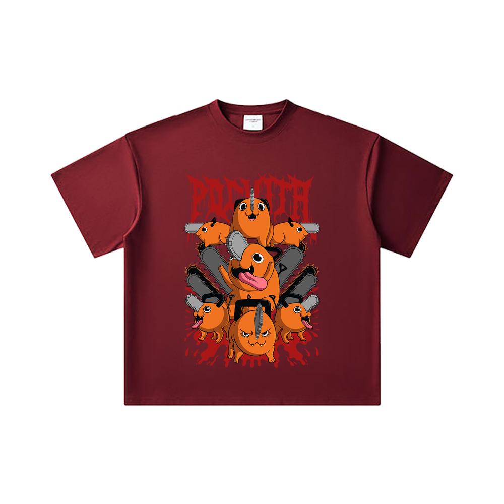 

260 GSM Double Yarn 32 Count 100% Cotton Chainsaw Man V8 Pochita Print Unisex Heavy Cotton T Shirt 2XL вина червоного кольору