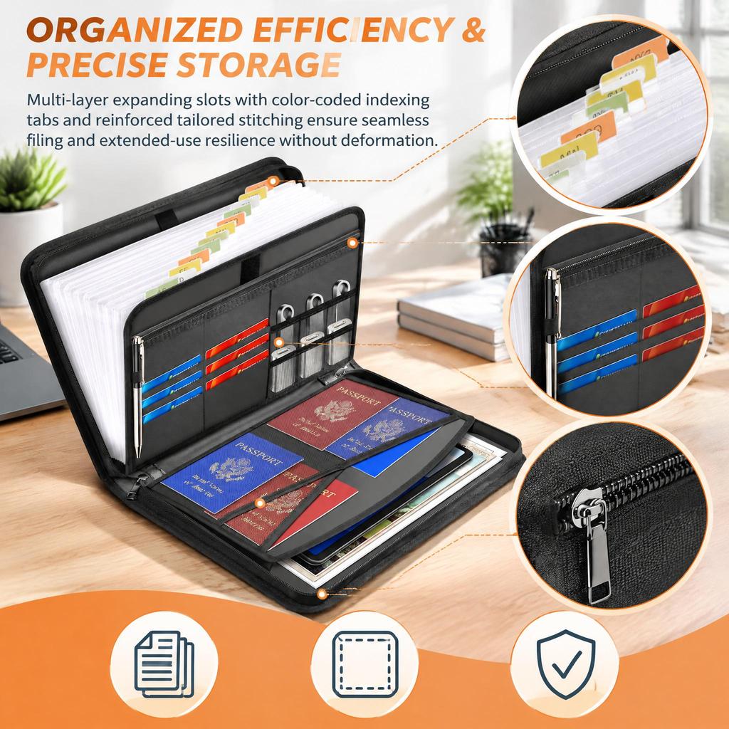 Fire Resistant Accordion Document Organizer File Folder with Multiple Compartments and Colorful Tabs