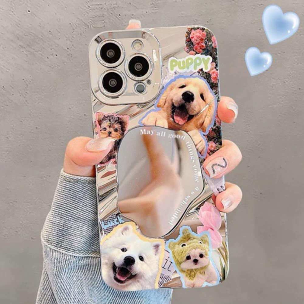 Mirror Phone Case for iPhone 16 11 13 14 for 16 Pro 12 13 15 16 Pro Max for Samsung A15 A16 A35 A55 Cute Cloud Flower Puppy Electroplated Phone Case