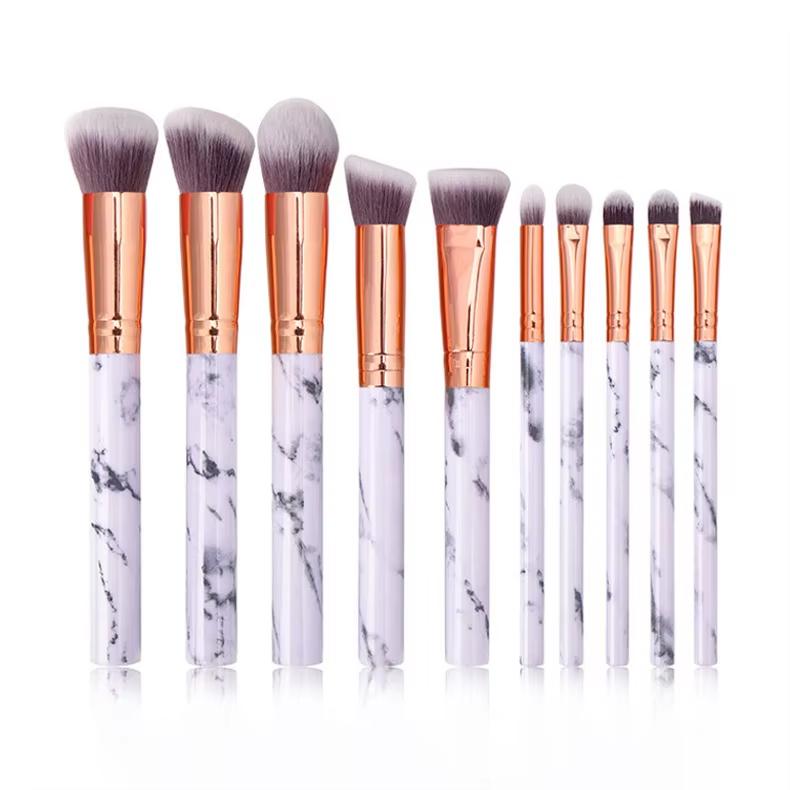 Professional 10pcs Flat Style Kabuki Makeup Brushes Set Natural Gemstone with Marble Handle for Face Use with Storage Case