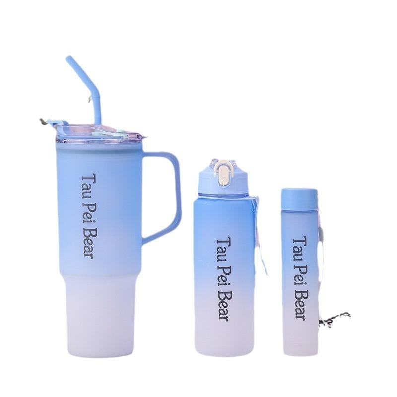 Water bottle explosion gradual change three-piece plastic cup 10oz large capacity straw ice cup outdoor portable handle