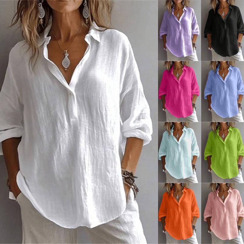 Spring Summer Women's White Shirt Casual Linen Blend Solid Color Loose Long-Sleeved V-Neck Lapel Blouses for Female