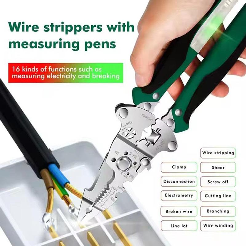 Clește multifuncțional 16 în 1 pentru dezizolat cu tester de tensiune, clește pentru dezizolat cabluri, electrician, sertizare, tăiere cabluri, foarfece