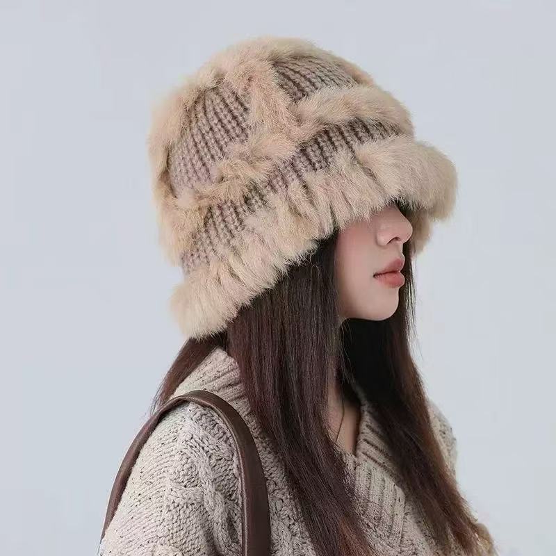 Plush Bag Head Showing Face Small Fur Bucket Hat Bag Face Knitted Hat Women'S Autumn And Winter Warm Wool Hat Cold