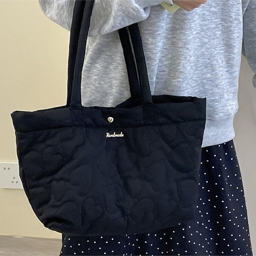 Large Capacity Heart Printed Shoulder Bag Solid Color Nylon Handbag Down Bag Autumn Winter