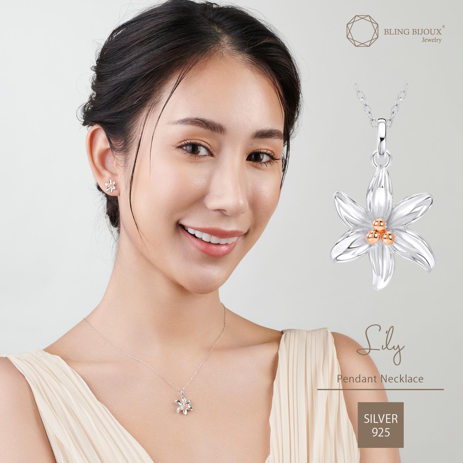 

Твердое серебро 925 пробы с покрытием из розового золота, ожерелье с подвеской в ​​виде цветка лилии и пыльцы для женщин с бесплатной подарочной коробкой