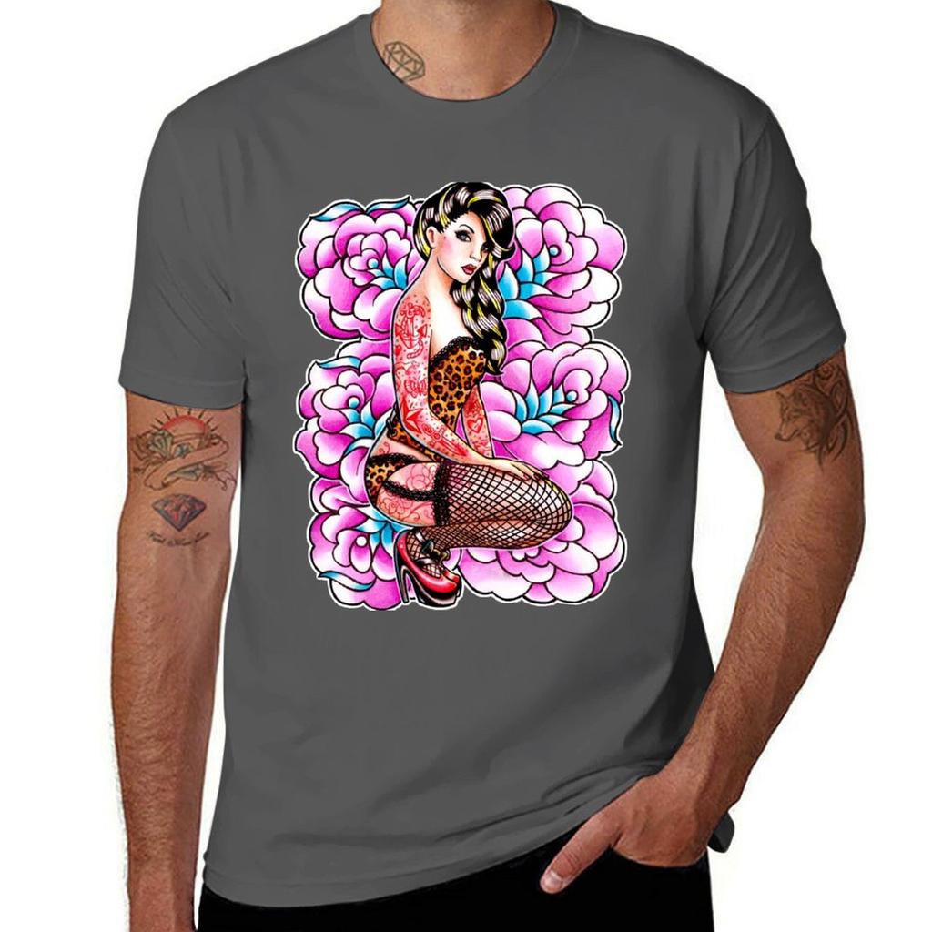 Tattooed Pin Up Girl With Roses Tshirt Soft Durable Cotton Tshirt