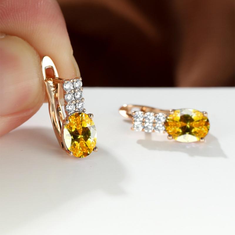Oval amethyst zircon plated champagne gold ear buckle wedding earrings for women