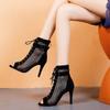 FHC 9.5CM Women High Heeled Sandals Boots,Summer Ankle Botas,Hollow Out Mesh Shoes,Peep Toe,Black,Apricot,Front Laces.Dropship