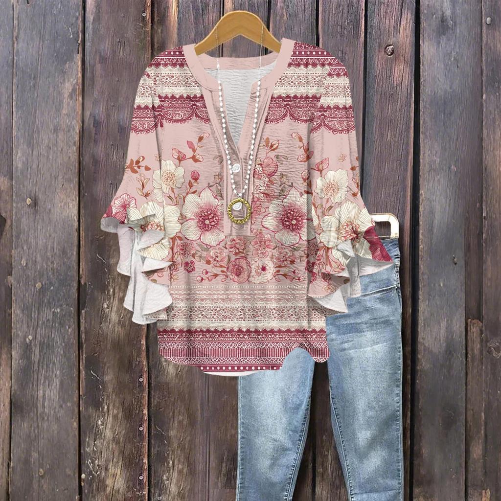 Women's Fashion Button V-Neck Ruffle Seven Sleeve Blouse Floral Printed Top