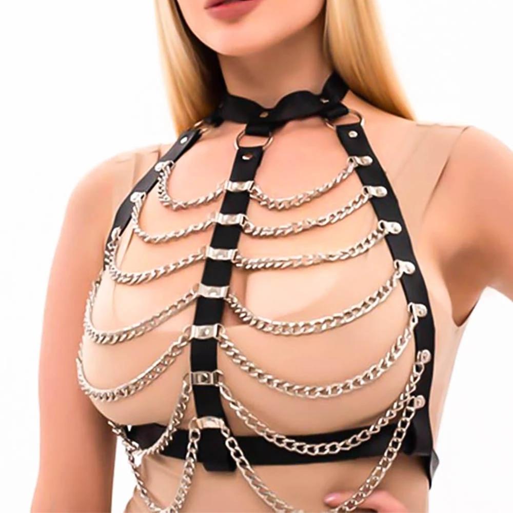 Fashion Chest Harness with Chain for Women Leather Lingerie Suspender Bra Bondage Harness Gothic Fetish Bdsm Exotic Clothing