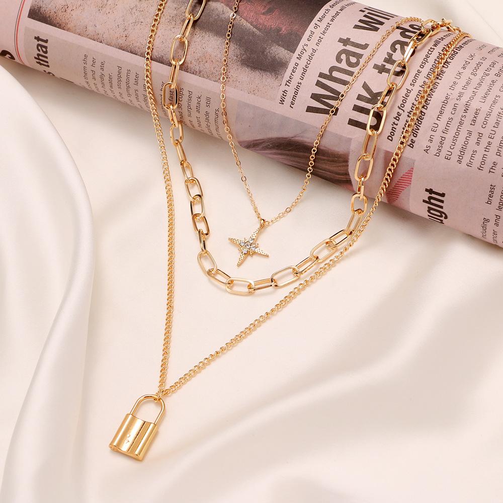 Multi-layer Necklace Female, Creative Retro Simple Octagram Lock Pendant Thick Chain Necklace
