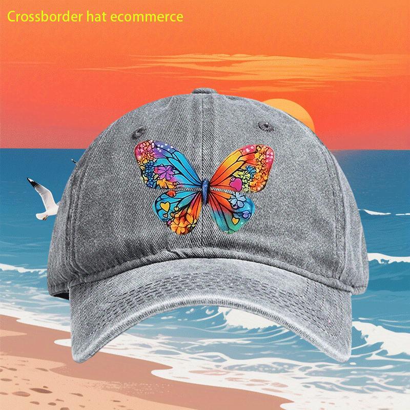 Colorful Butterfly Print Washed Baseball Cap Retro Style Polyester Adjustable Casual Outdoor Hat Unisex