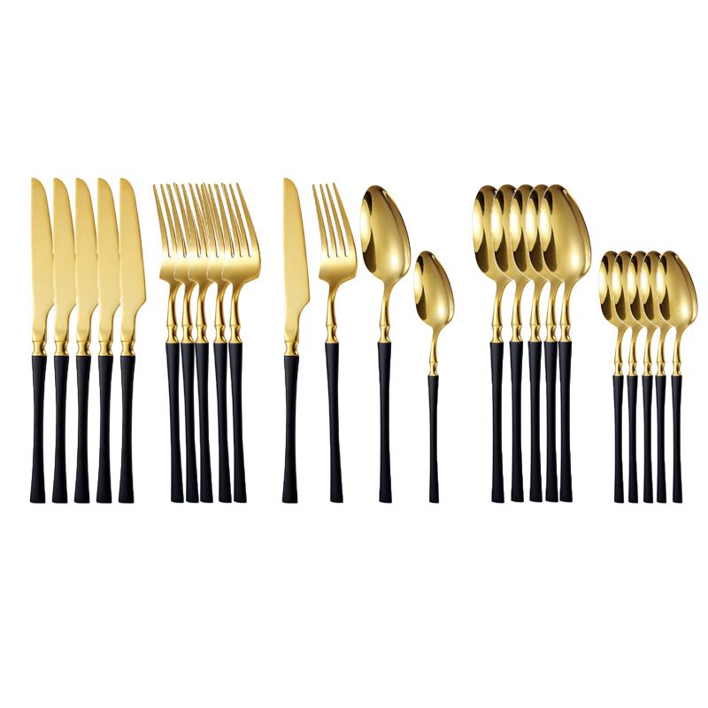 24pcs Stainless Steel Cutlery Black Gold Mirror Dinnerware Set Tableware Knife Fork Coffee Spoon Flatware Dishwasher Safe Dinner