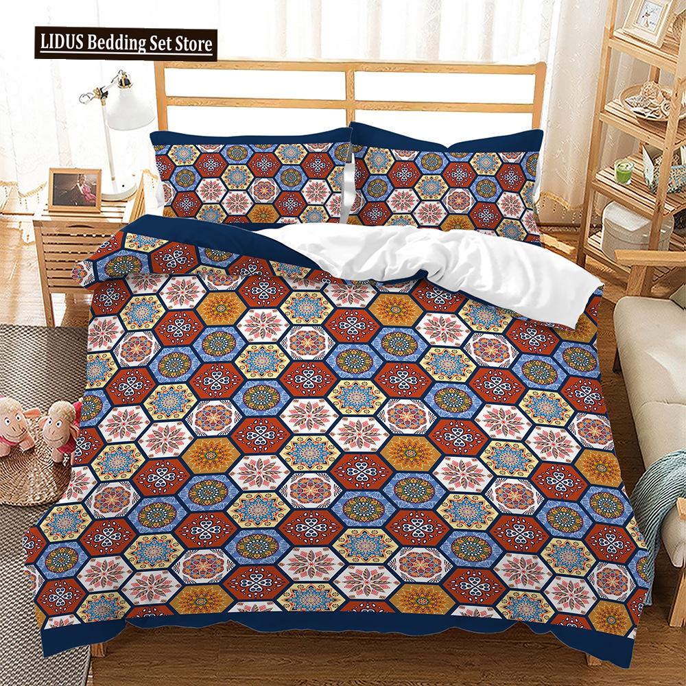 Bohemian Duvet Cover Set 3 Pieces Trellis Striped Ethnic Boho Vintage Quilt King Queen For Boy Girls Teens Polyester Bedding Set