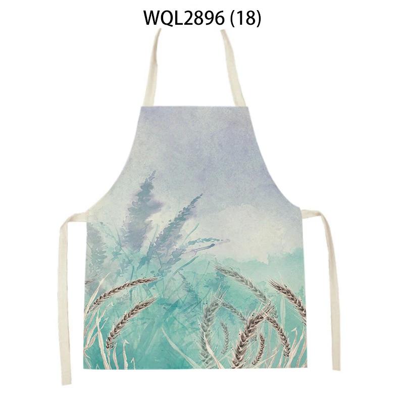 Plants Printed Kitchen Aprons Men Women Cooking Cleaning Aprons Wheat Flowers Pattern Linen Waist Apron Baking Accessories