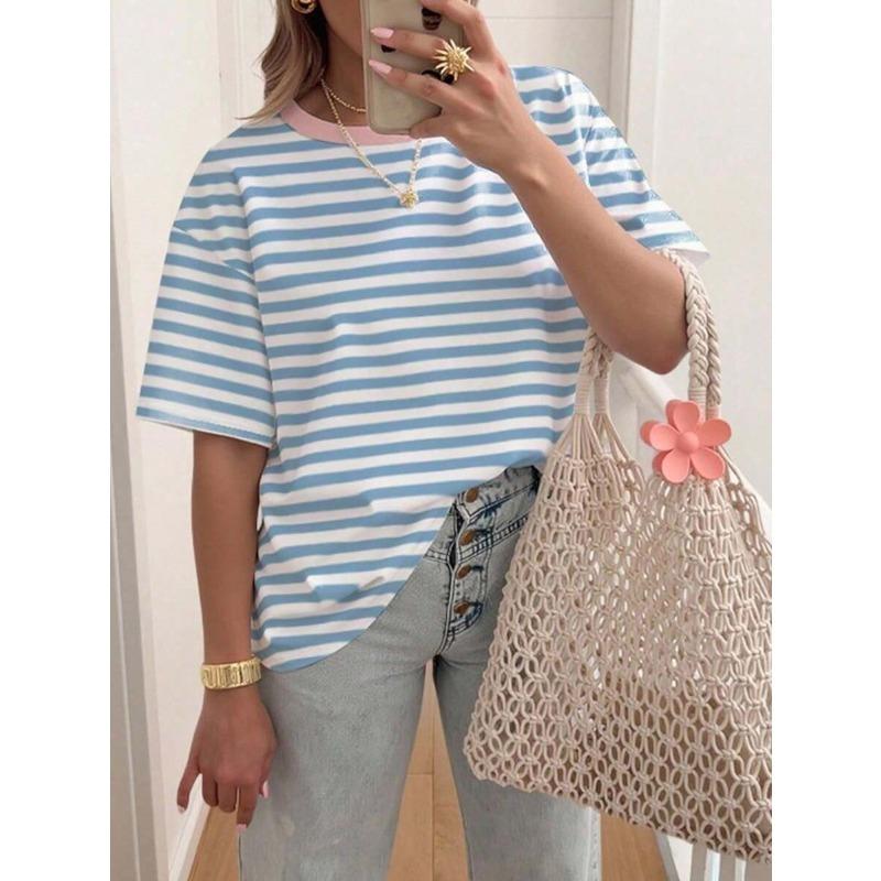 Damska koszulka oversize w paski, drukowana 3D, letnia, casualowa, z okrągłym dekoltem, luźna, modna, z krótkim rękawem, top damski