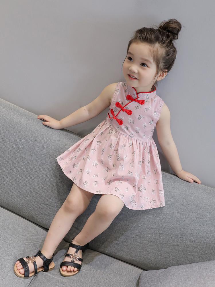 Kids Girls Chinese Style Cute Flower Print Dress Vintage Cheongsam Dresses Qipao Baby Clothes