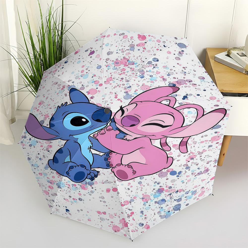 

Cute Stitch and Angel Couple Automatic Folding Umbrella with Colorful Water Drop Print, Windproof Waterproof Travel Umbrella for (as the picture,Iron&8K)
