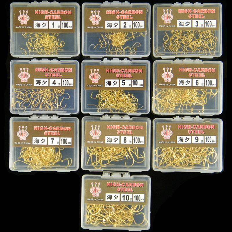 100Pcs Boxed Haiyu Fish Hooks Barbed Gold Hooks Wild Fishing Long Shank Black Pit Fishing Tackle Supplies