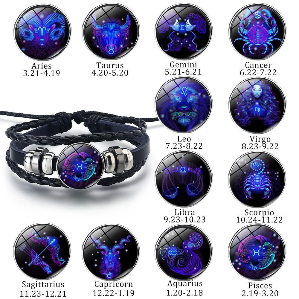 12 Sternbilder Sternzeichen Schwarzes geflochtenes Lederarmband Krebs Löwe Jungfrau Waage Gewebtes Glaskuppelschmuck Punk Herrenarmband