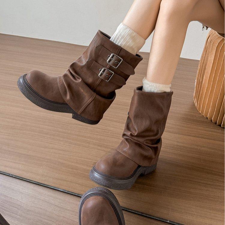 

Retro pleated boots stacking boots 2025 spring and autumn new British style Martin boots round head thick heel knight boots short boots women 40 коричневый