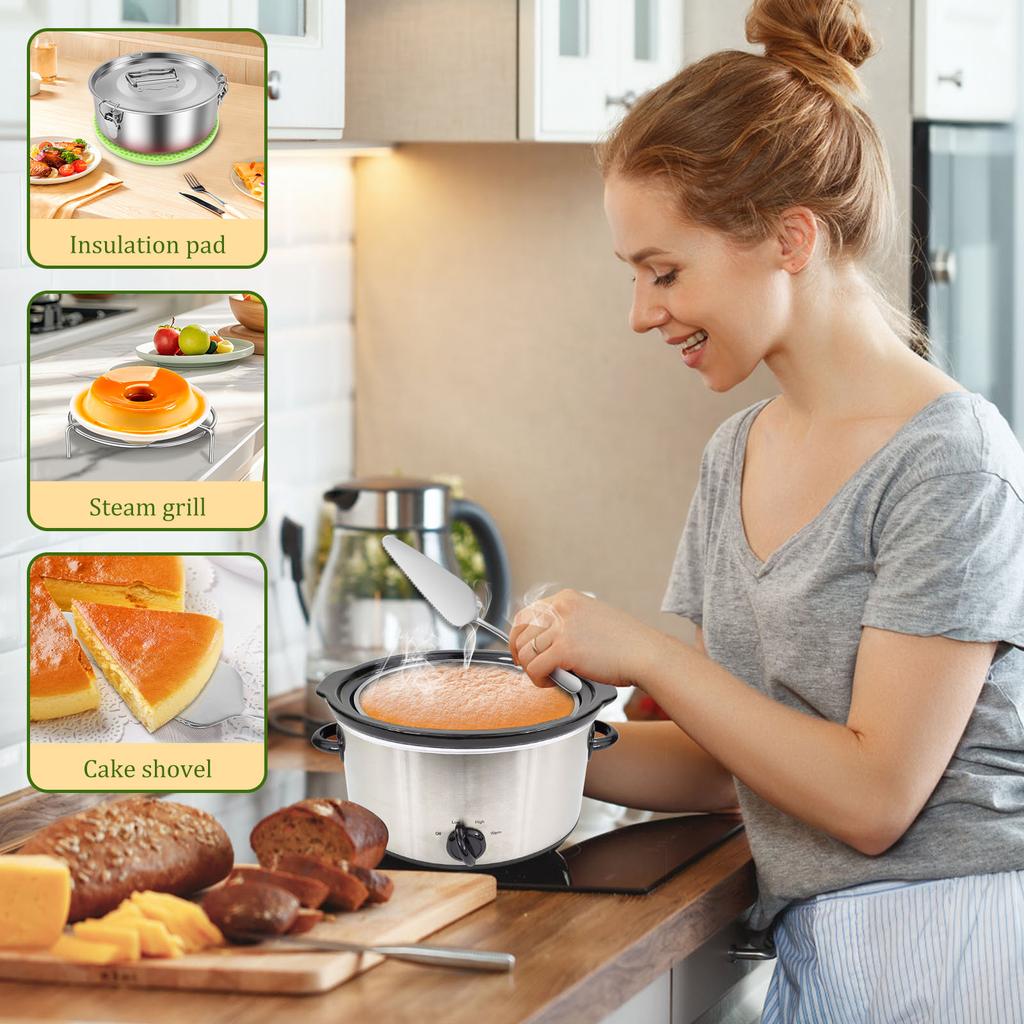 Flan Mold with Lid 304 Stainless Steel Flan Pan with Steam Rack Silicone Heat Pad Baking Supplies for Cake Dessert Pudding