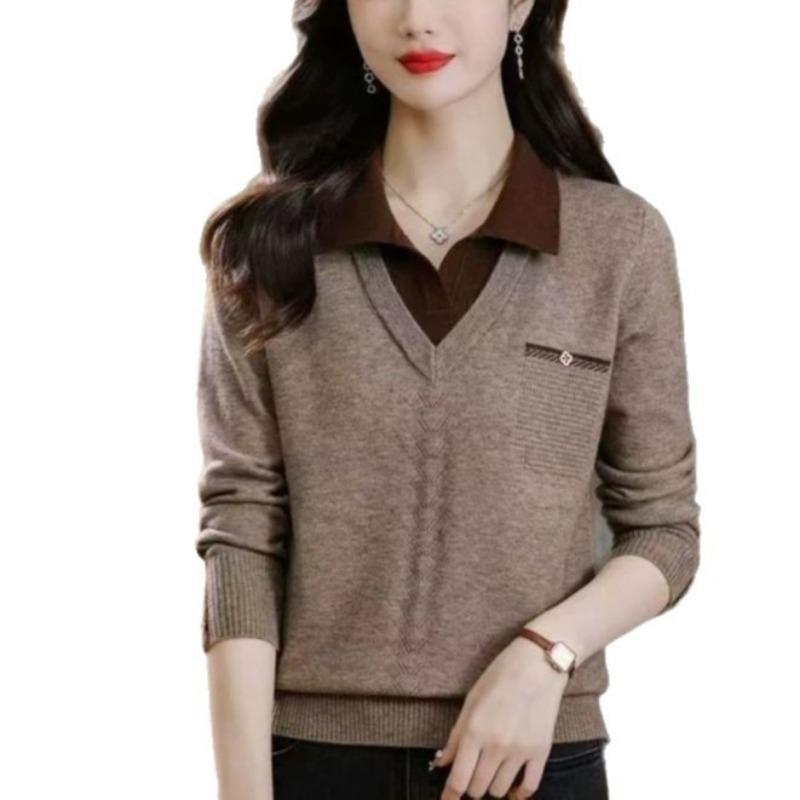 Knitted Sweater Autumn and Winter Fake Two Fashion Sweater Women's Lapel Autumn and Winter New Loose Knitted Bottoming Top