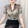 New Summer Women's T-Shirt Elegant Lace Patchwork Hot Diamonds Tops Shirts Fashion Short Sleeved V-Neck Slim Mesh Tees