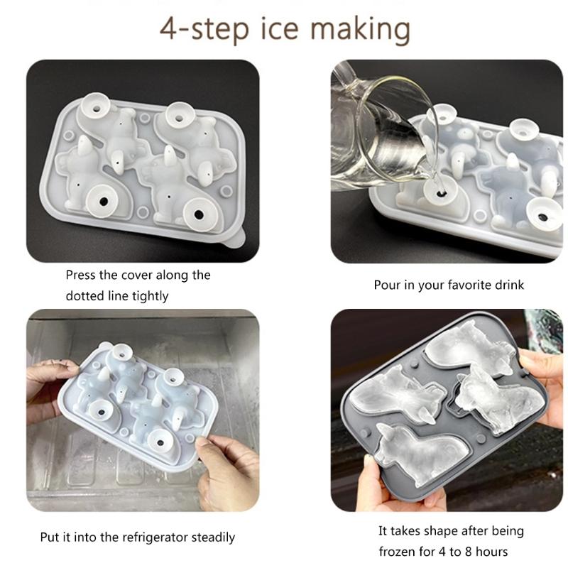 4 Cavity 3D Dog Ice Cubes Mold Food Grade Silicone Round Ice Ball Maker Drink Accessories Practical Kitchen Gadget