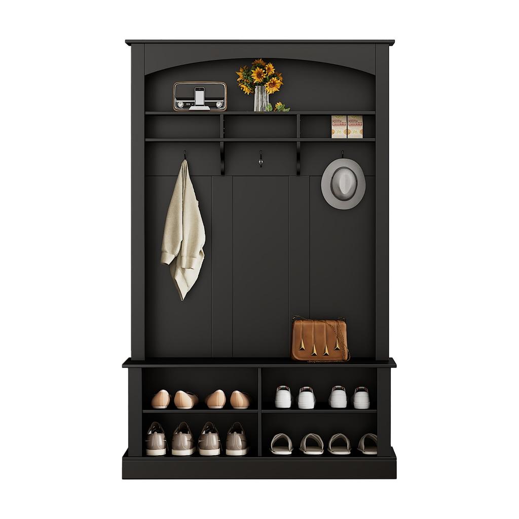 Hallway Wardrobe Coat Rack, Bench, Shoe Cabinet, Open Storage Space, 3 Hooks, Freestanding, Space-saving