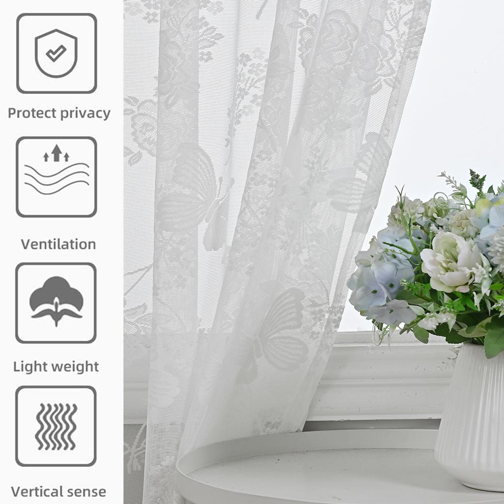 Window Screen, Butterfly Love Flower White Lace Window Screen Semi-Blackout Finished Curtain