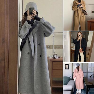 Women Winter Overcoat Double-breasted Turn-down Collar Long Sleeves Buttons Loose Cardigan Mid Length