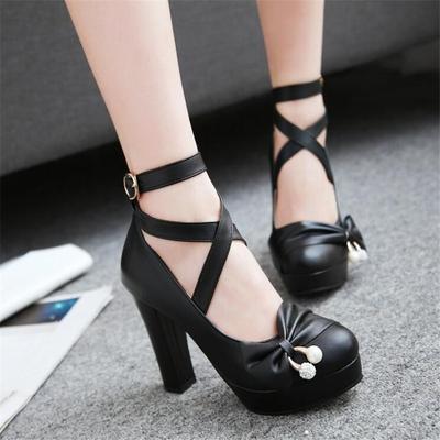 Damen High Heel Schuhe Plateau Süße Schleife Prinzessin Mary Jane Lolita Schuhe Mädchen Hochzeitsparty 10cm High Heel Schuhe Große Größe 32-43