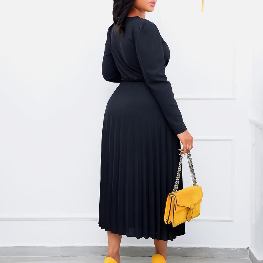 IHUASU Dame Langermet Snøring Ensfarget V-hals Slim Plissert Plussstørrelse Kjole