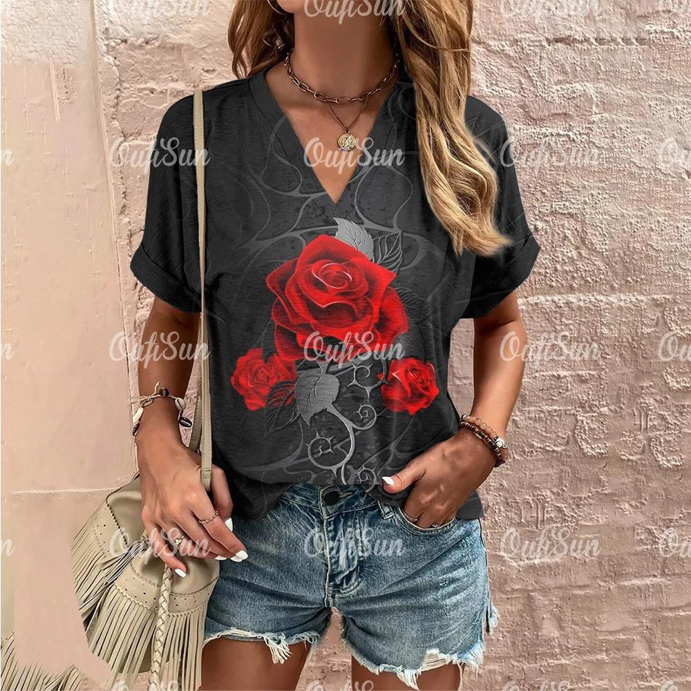 Sommer Damen Mode T-Shirt Vintage Blumen Rosenmuster V-Ausschnitt Oberteile Tees Damen Kurzarm Kleidung Damen Lässige Streetwear