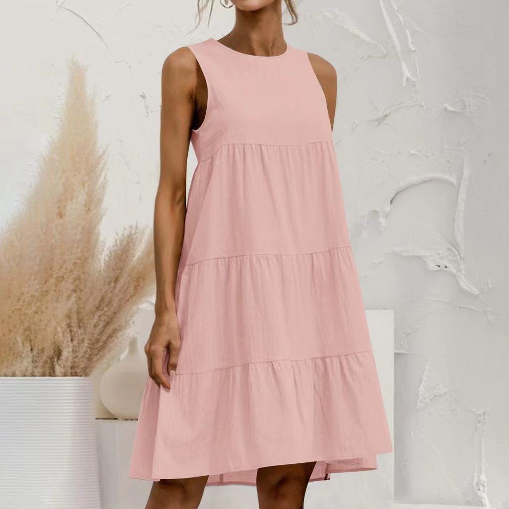 Plus-size Women's Sleeveless Patchwork Loose Round Neck Solid Color Dress