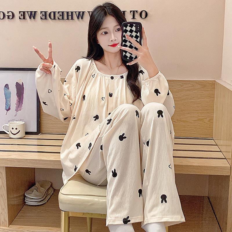 

Pajamas women s spring and autumn new round neck cardigan with chest pad winter long sleeves trousers loungewear spot M recommends 40-50kg wear