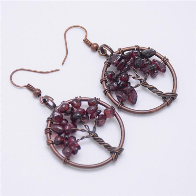 

Vintage Tree of Life Women Drop Earrings Round Natural Chip Gem Stone Purple Pink Crystal Tourmaline Dangle Hook Earring Jewelry гранат