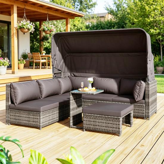 Rattan Sun Island Seating Set, Sofa with Canopy, Footrest, Armchairs, and Table, Outdoor Garden Furniture, Lounge Furniture for Balconies and Gardens,