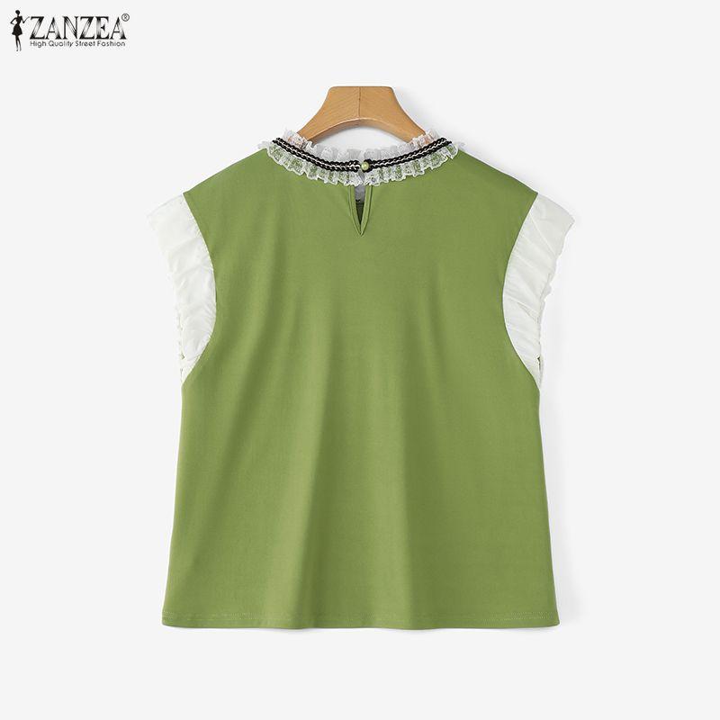 ZANZEA Damen Freizeit Rundhals Sommer Spitze Patchwork Ärmelloses T-Shirt