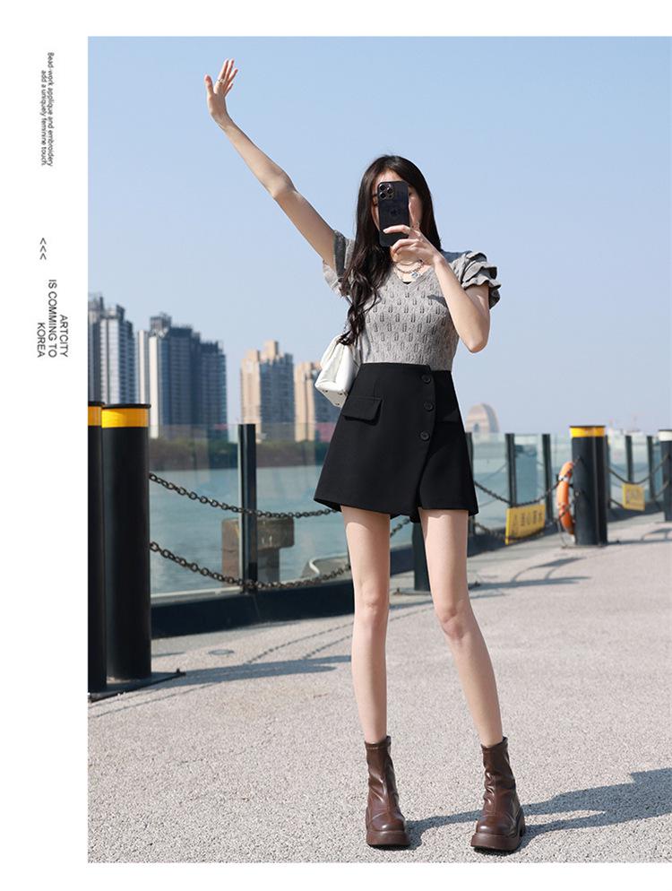 2025 Spring/Summer Women's A-line Irregular High Waist Button Embellished Wide Leg Skirt Shorts