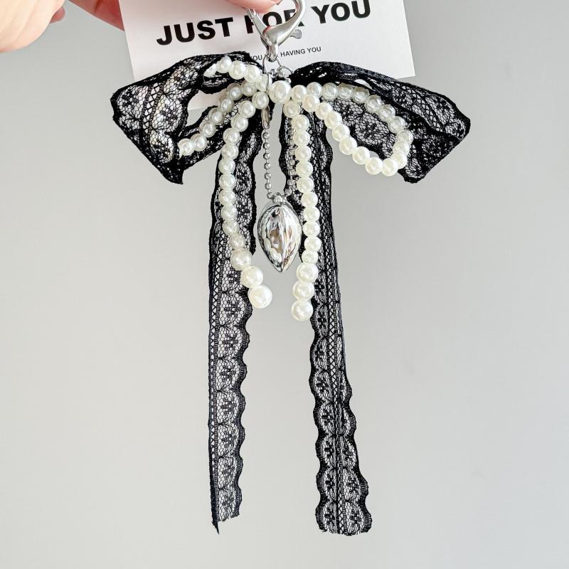 1 Piece Phone Charm Strap Pendant Sweet Imitation Pearls Lace Bow Beaded Keychain Bag Hanging Cord For Women Girl