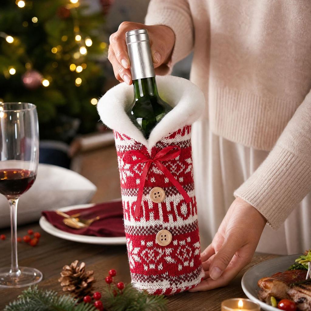 Knit Wine Bottle Cover with Button and Snowflake Design, Christmas Wine Bottle Bag for Holiday Table Decor