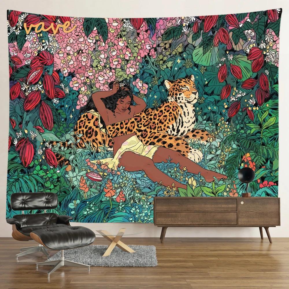 Hippie Psychedelischer Tiger Wandteppich, Wandbehang, Boho Zimmerdeko, Ästhetisch, Mysteriöse Blume, Dschungel Mondlandschaft, Wald