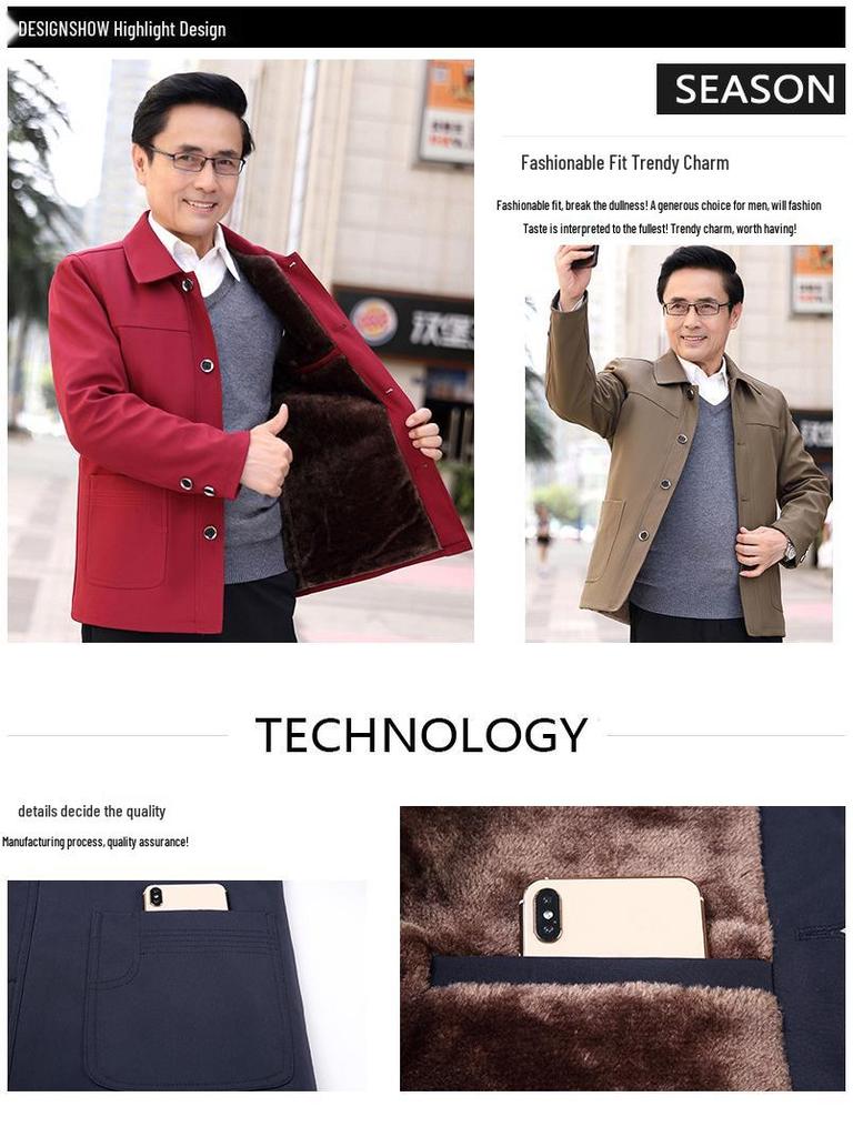 Men's Middle-Aged & Elderly Plus Velvet Thickened Jacket Coat - Suitable for Dad, Grandpa Winter/Spring/Autumn, Zhongshan Suits, 70+ Cotton Wear