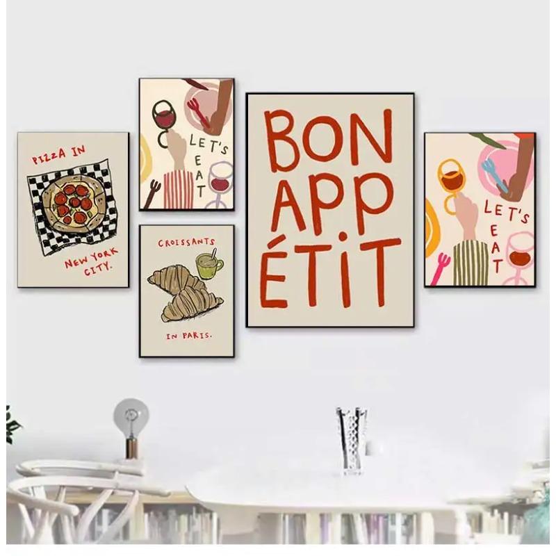 Retro Cooking Bon Appetit Quotes Posters Paris Croissants Pizza Prints Canvas Painting Kitchen Shop Wall Art Pictures Room Decor